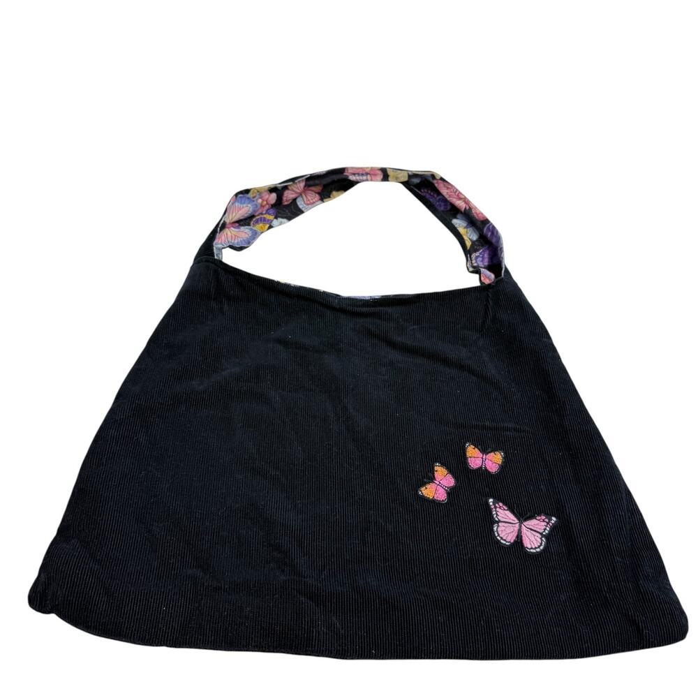 Vintage Y2K Black Corduroy Shoulder Bag Embroidered Butterfliesโ